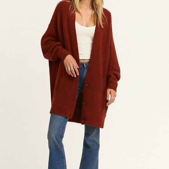 Free People Rust Cardigan M Oversized Boho Slouchy Indie Artsy Cozy Fall Layer - Picture 1 of 10